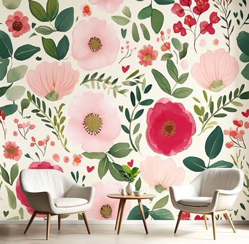 Aquarellblumen Fototapete 3D, Rustikale Pflanzen Wandtapete Schlafzimmer, Blush Pink Tapete Wanddekoration, Büro Wandbild, Kinderzimmer Fototapete, Wanddekoration 150X105Cm