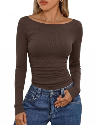 Leversic Womens Long Sleeve Tops Boat Neck Ribbed Stretch Basic T-Shirt | Plain Basic Tee Fitted Tops Soft Base Layer Slim Fit Y2K Going Out Tunic Tee Tops Causal Blouse