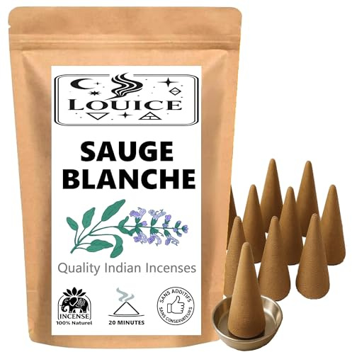 LOUICE Encens Cônes Sauge Blanche - Lot de 10 et Porte-Encens Inclus