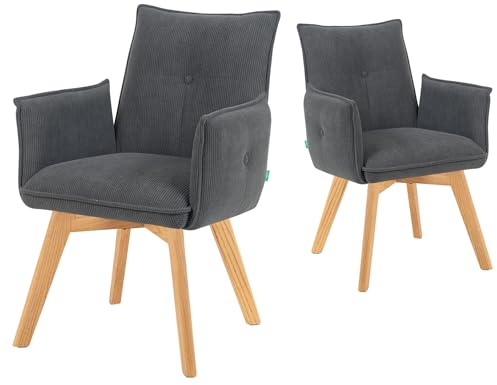 DUBI Möbel Esszimmerstühle 2er Set 360° drehbar mit Taschenfederkern, hoher Sitzkomfort, bis 150 kg belastbar, Feincord Anthrazit, Massivholzgestell aus Eiche, klassisches Design, Modell Mika-Tom