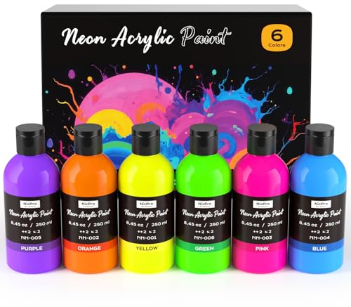 Nicpro Vernice Acrilica Fluorescente Set Di 6 Colori X 250 ml, Bagliore Nel Scuro, Vernice Acrilica per Artigianato, Abbigliamento Per Feste, Decorazioni Natalizie, Halloween