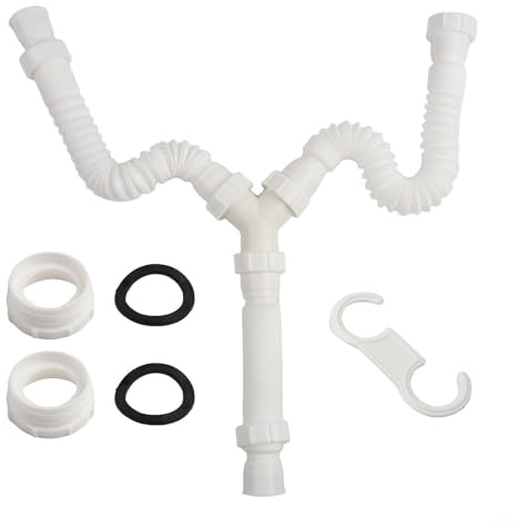 Kit di scarico doppio per lavello regolabile, tubo flessibile da 20-80 cm, con connettori G1-1/2 e G1-1/4, sifone a P in PE per cucina, bagno, lavanderia e lavandini, dadi a filettatura profonda a