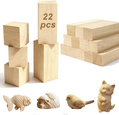 Schnitzholz Linde,22er Pack Holzklötzchen,3 Größen Lindenholz zum Schnitzen | Schnitzholz Rohlinge Set für Anfänger,Holz zum Basteln, DIY, Figuren & Holzschnitzen
