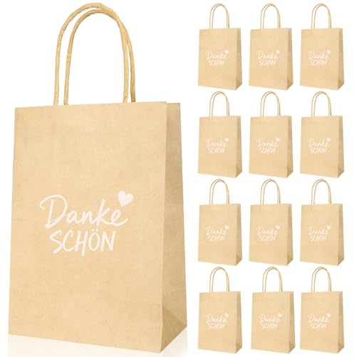12 Stück Papiertüten mit Henkel, 21x15x8cm Geschenktüte, Dankeschön Geschenktüten, Papiertüten Klein, Geschenktüten für Party, Gastgeschenke Hochzeit Geschenk Tüte