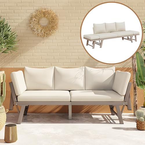 Jaxenor 3 Sitzer Lounge Möbel Outdoor mit Liegefunktion, 213x60,5x66cm, Garden Sofa mit Auflagen und Klappbaren Armlehne, Gartenmöbel Lounge für Terrasse und Balkon, Beige