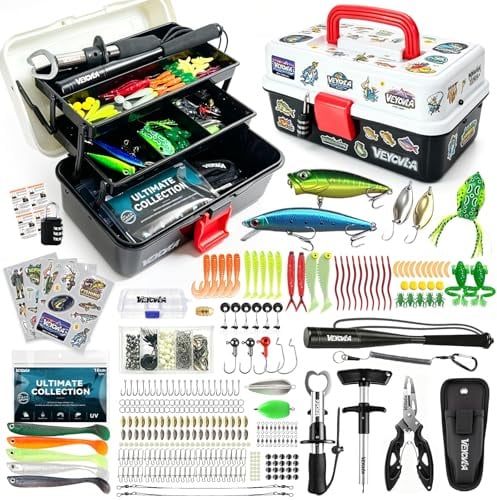 VEYCVLA 376 Stück Angelzubehör Set,Angelkoffer mit Zubehör- Fischtöter Angelzange Hakenlöser Angelzubehör,Zander,Barsch&ForellenKöder, Angelblei, Haken, Angler Geschenk für Anfänger
