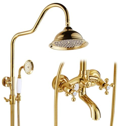 ZYCDP Conjunto de Ducha Retro Columna Ducha Vintage Laton con Grifo y Altura Ajustable Oro