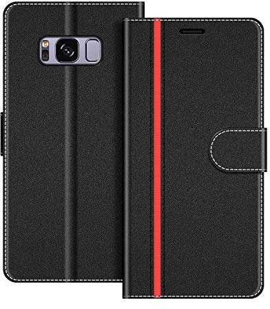 COODIO Handyhülle für Samsung Galaxy S8 Leder Klapphülle Tasche, Schwarz/Rot