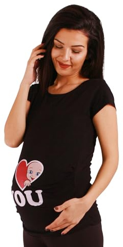 M.M.C. Umstandsshirt Kurzarm Damen mit I-Love-You-Motiv – Umstandsmode T-Shirt für die Schwangerschaft, mitwachsende Raffung, 95% Baumwolle, S bis XL