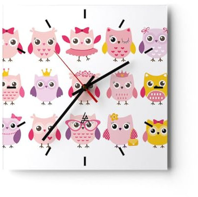 Modern Wanduhr Eule süß spaß Dekoration 40x40cm Quadrat Groß Wand Uhr Glas Analog Zimmeruhren Küche Büro Wohnzimmer Glasuhr Wall Clock Dekoration Design Wanddekoration Küchenuhr C3AC40x40-2845