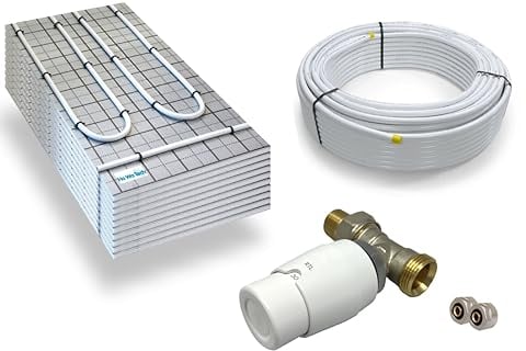 Warmwasser Tackerplatte Fußbodenheizung HoWaTech TAC Komplett Set 5/10m² Dämmplatte 20mm EPS WLG 045 DES und RTL-Ventil, Heizfläche:10.00m²