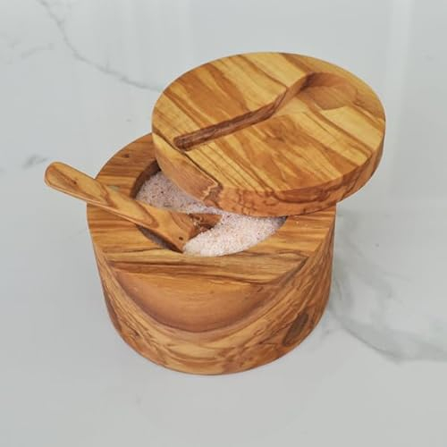 Naturally Med Olive Wood Salt Cellar with Inset Spoon. Magnetic, swivel lid. Spoon is held by a magnet on lid. Salt cellar, salt pot, salt keeper. Natural Olive Wood.