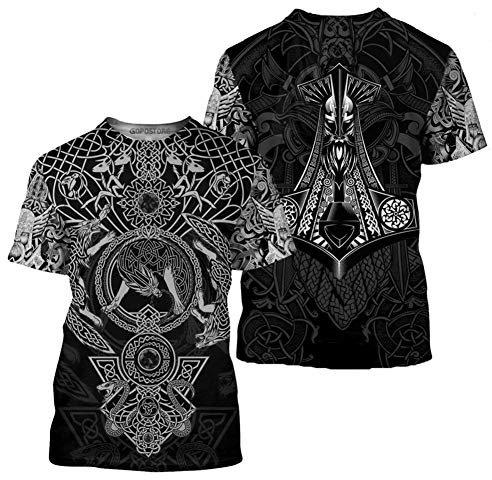 BBYOUTH Wikinger T-Shirt für Herren Sommer Kurzarm 3D Gedruckt Nordischer Mythos Damen Tattoo Cosplay Kurzarm (9 Grafik und 11 USA Größe),Fenrir Wolf and Mjolnir,XL