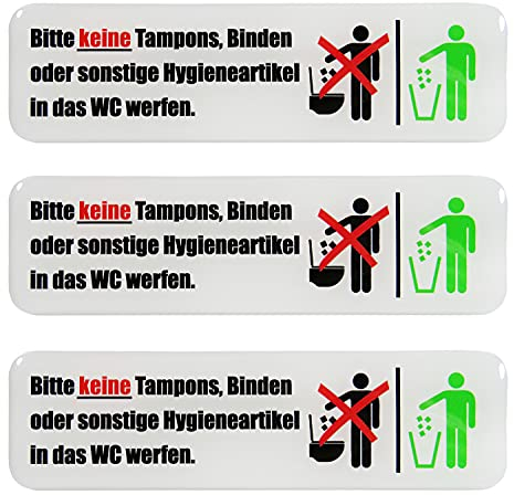 BIKE-label Schild 3D Toiletten Klo Aufkleber 125 x 35 mm 3 Stück Keine Hygieneartikel ins WC 900215