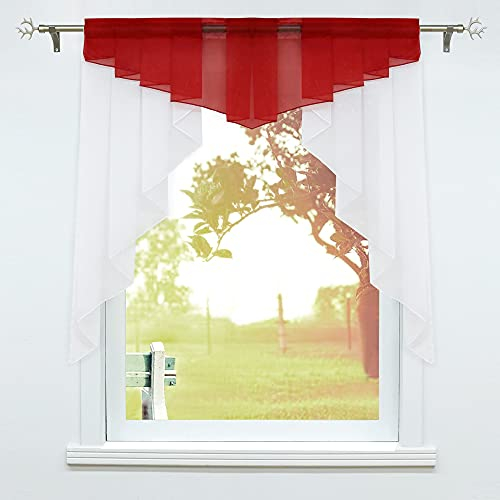 SCHOAL Scheibengardinen Küche Kleinfenster Gardinen mit Kräuselband oder Tunnelzug Bistrogardinen Voile Transparente Kurzgardinen Modern 1 Stück BxH 140x145cm Rot