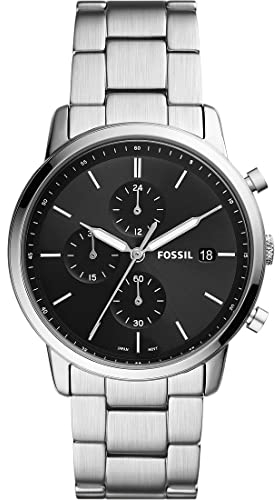 Fossil Orologio Minimalista da Uomo, Movimento cronografo al quarzo con cinturino in acciaio inossidabile o in pelle, 42 mm, Tono argento e nero