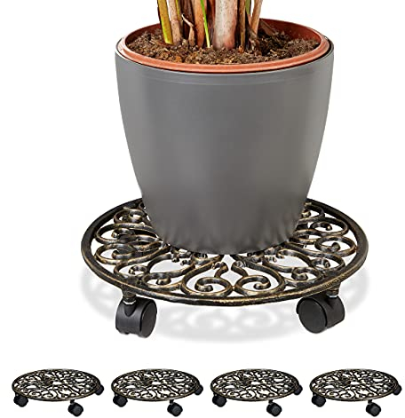 5 x Pflanzenroller Gusseisen, rund, Ø 33,5 cm, Blumentopfuntersetzer, 4 Rollen, stabil, wetterfest, Blumenroller, Bronze
