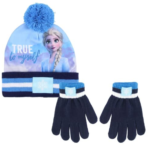 Frozen II, Wintermütze + Handschuhe für Mädchen, 2-teiliges Winterset, Disney Prinzessin Elsa, Baskenmütze.