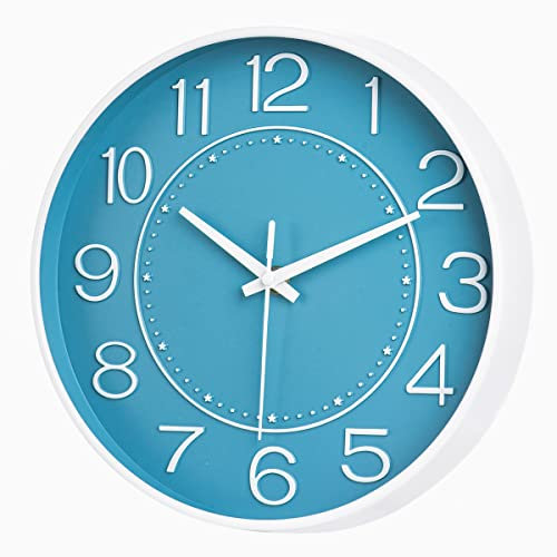 HZDHCLH 25cm Modern Quartz Lautlos Wanduhr Arabisch Ziffer Schleichende Sekunde ohne Ticken für Dekoration Wohnzimmer, Küche, Büro, Schlafzimmer (Blau weiß)