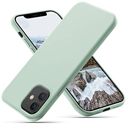 CALOOP Slim-Fit for iPhone 12/12 Pro Case,Skin Soft Liquid Silicone,Sturdy Hard Frame Shockproof Cover with Anti-Scratch Microfiber Lining,Full Protection for Screen and Lens,6.1 inch,Mint Green