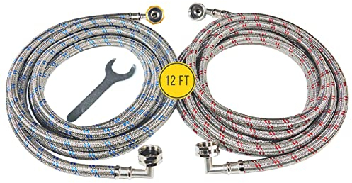 Washing Machine Hoses (12 FT) - Double 90° Elbow to Fit Tight Spaces - OCTAGON Connections for Easy & Secure Tightening - Burst Proof Water Supply Line (2 Pack) - Universal Fit to All Wash Machines