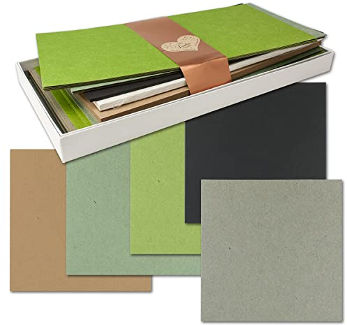 10x Quadratisches Faltkarten SET aus Kraftpapier 15,0 x 15,0 cm - Doppelkarten mit Briefumschlägen und Einlegeblättern - Braun, Grün, Hellgrün, Schwarz, Grau
