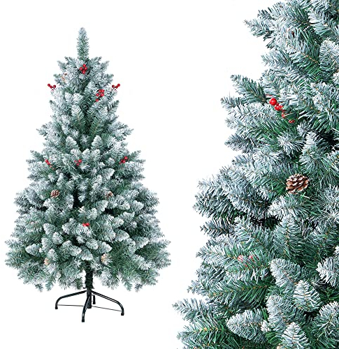Homewit künstliche Weihnachtsbaum 140 cm(Ø ca. 85 cm) 1,4 m künstliche grüne Tannenbaum mit 500 Zweige Christbaum mit Schnee und Zapfen, abziehbar zusammenklappbar inkl. Christbaum Ständer
