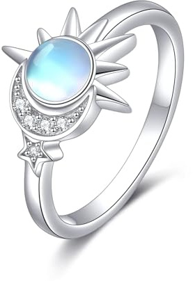 ONEFINITY Ring aus Sterlingsilber mit Mond und Stern, Halbmond und Sonne, synthetischer Mondstein, Verlobungsring, Jahrestag, Geburtstagsgeschenke für Frauen (9)