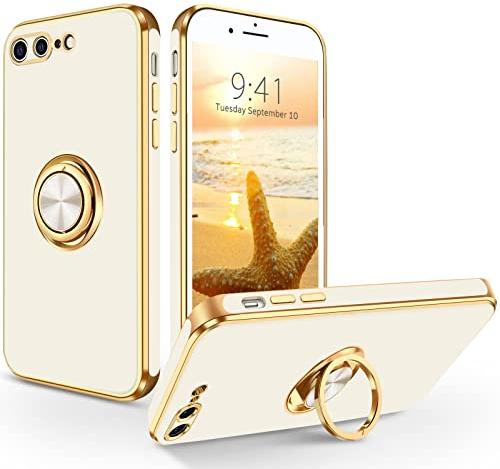 SouliGo iPhone 7 Plus Hülle, iPhone 8 Plus Hülle Handyhülle, Slim Weiche TPU Silikon Case mit 360 Grad Ring Halter Ständer stabil Kratzfest Hülle für iPhone 7 Plus/8 Plus 5.5 Zoll Weiß Gold