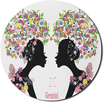 Zodiac Gemini Mauspad für Computer,2 Junge Damen mit bunten Frühlingsblüten und Schmetterling,modisches Mädchen,rundes,rutschfestes,Dickes,modernes Gaming-Mauspad,20,3 cm rund,anthrazit,Mehrfarbig