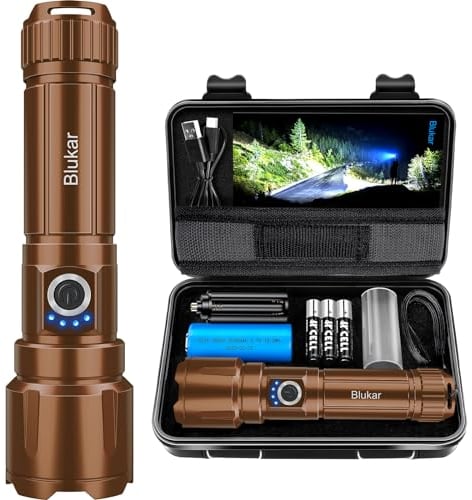 Blukar Linternas LED Alta Potencia, Recargable Linternas con 5 Modos de Luz, Zoomable, Impermeable Portátil Táctica Linterna para Camping/Senderismo/Al aire Libre/Emergencias