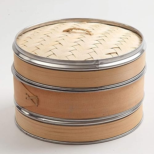 SPUZZO Vaporera de bambú 2 Niveles 1 Cubierta Vaporera de bambú Natural Pescado Arroz Verduras Snack Basket Set Dumpling Steamer Steam Pot 25cm, Herramientas de Cocina Chinas