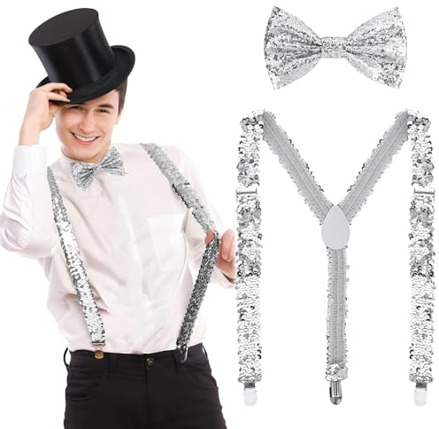 BOFUNX Silvester Kostüm Accessories, Pailletten Hosenträger und Fliege glitzer Silvester Outfit für Karneval Mottoparty JGA Herren Damen Kostüm Zubehör (Silber)