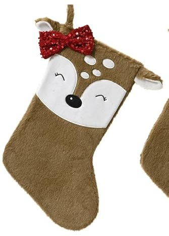 Top Sale Soft Beige Reindeer Christmas Stocking with Red Bow – Luxury Plush Xmas Stocking for Fireplace, Kids Large 40cm Festive Hanging Stocking Decoration