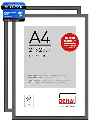 DEHA Design Bilderrahmen, 21 x 29,7 cm (A4) (2er Set), Aluminium, Grau matt, Dokumentenrahmen zum Aufhängen im Hoch- & Querformat, bruchsicheres Kunstglas, Boston