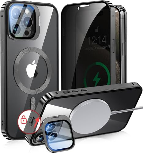 YUNHUASM[Camera Invisible Stand & Slide Pop-up Lock Magnetic Privacy Case for iPhone 15 Pro Max [Compatible with MagSafe] [Full Lens Protection+Invisible Kickstand] Full Body Metal Bumper Cover-Black