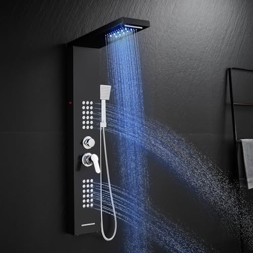 ROVATE 5 in 1 LED Rainfall Waterfall Shower Panel Tower System, Black