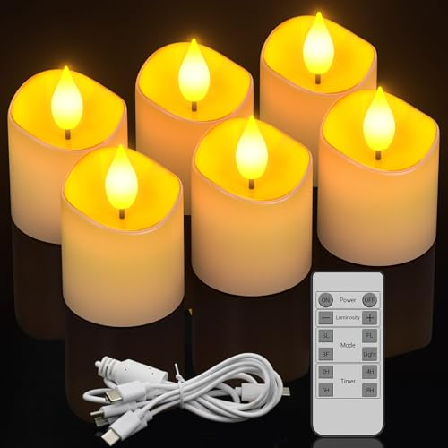 Ymenow LED Teelichter Wiederaufladbar, 6er set φ3.8cm Elektrische LED Kerzen Aufladbar mit Timerfunktion Fernbedienung USB C Ladekabel für Muttertag Halloween Weihnachten Zimmer Wohnzimmer Deko