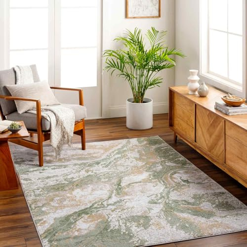 Livabliss Octavia Odunec Abstract Marble Style Floor Covering 200x275 cm – Modern Design for Living Room, Dining & Bedroom, Soft Medium Pile, Ivory, Sage & Tan
