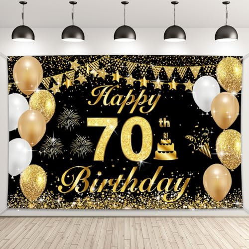 G2PLUS 70.Geburtstag Banner, Schwarz Gold Geburtstagsdeko Banner, Banner zum 70.Geburtstag, 70.Geburtstag Dekoration Banner für 70 Mann und Frau Geburtstagsfeier Deko(185 x 115cm)