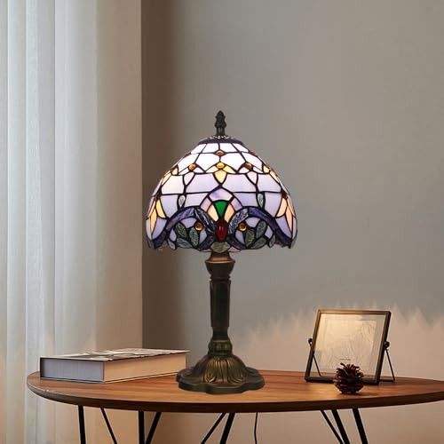 Mengjay Tiffany Style Tischlampe,Vintage Tischlampe Glasmalerei Lampenschirm Tischleuchte,Retro Nachttischlampe E27 Nachtlampe für Schlafzimmer,Wohnzimmer (Lila)