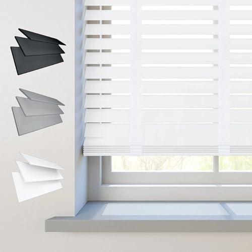 REHAN & CO Tenda veneziana per finestra in finto legno, a doghe da 50 mm, con cordino/nastro, guida in alluminio, tagliabile, sicura per bambini, per casa e ufficio (nastro bianco, 90 x 150 cm)