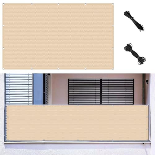 Balcon Filet d'ombrage Brise Vue 140 x 660 cm Résistant Aux UV, Protection Contre Le Vent, Respirant, Perméable Toile de Balcon Brise Vue Exterieur avec Cordons, pour Balcon, Couleur Crème