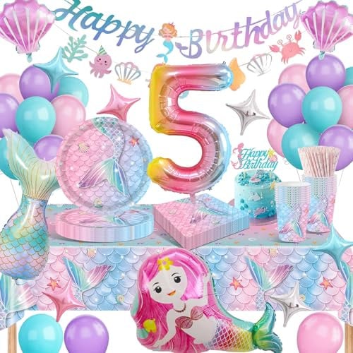 YEJIKJ Mermaid 5th Birthday Decorations - Party Tableware Set with Balloons, Plates, Banner for 16 Guests