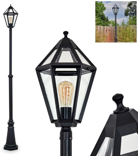 Außenwegeleuchte Anfei, Wegeleuchte aus Metall/Glas in Schwarz/Klar, Leuchte im Vintage/Antik/Landhaus-Design für Außenbereich/Garten/Terrasse/Hof, Höhe 233 cm, 1 x E27, ohne Leuchtmittel, IP44