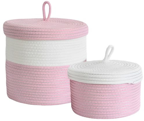 Oenothera 2 Pièce Corbeille Rangement, Boite de Rangement avec Couvercle, Panier en Corde de Coton Tissé, pour Salon étagères Chambre à Coucher(Rose)