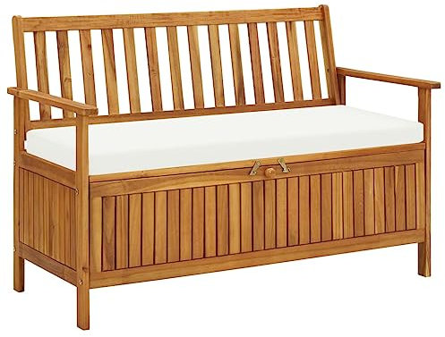 SDWEHO7 Gartenbank mit Stauraum, Kissen und Rückenlehne, Holzbank, wetterfest Gartenmöbel, Sitzbank, Balkon-Bank für Innen- und Außenbereich, Akazienholz Massiv 120 x 63 x 84 cm Braun und Weiß