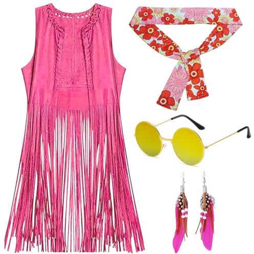 Faschingskostüme Damen, Rose Armellose Weste mit Fransen 70er Mode Damen Disco-Kostüm, Weste Lang Damen, Hippie kleid Damen Stirnbänder, Kopftuch, Brille und Ohrringe Karnevalskleidung (L)