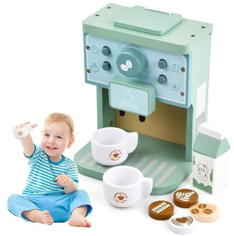 Dokeno Kaffeemaschine Kinder, Holz Kinderküche Kaffeemaschine, Holz-Kaffeemaschinen-Spielset, Spielzeug-Küchen-Spielset, Holzspielzeug Rollenspiel Geburtstagsgeschenk für Kinder Mädchen und Jungen