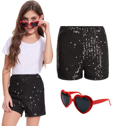 Prebene Mädchen-Shorts mit Pailletten und Herz-Sonnenbrille, elastisch, gerade, hohe Taille, Tanzhose, kurze Hose, 5–16 Jahre